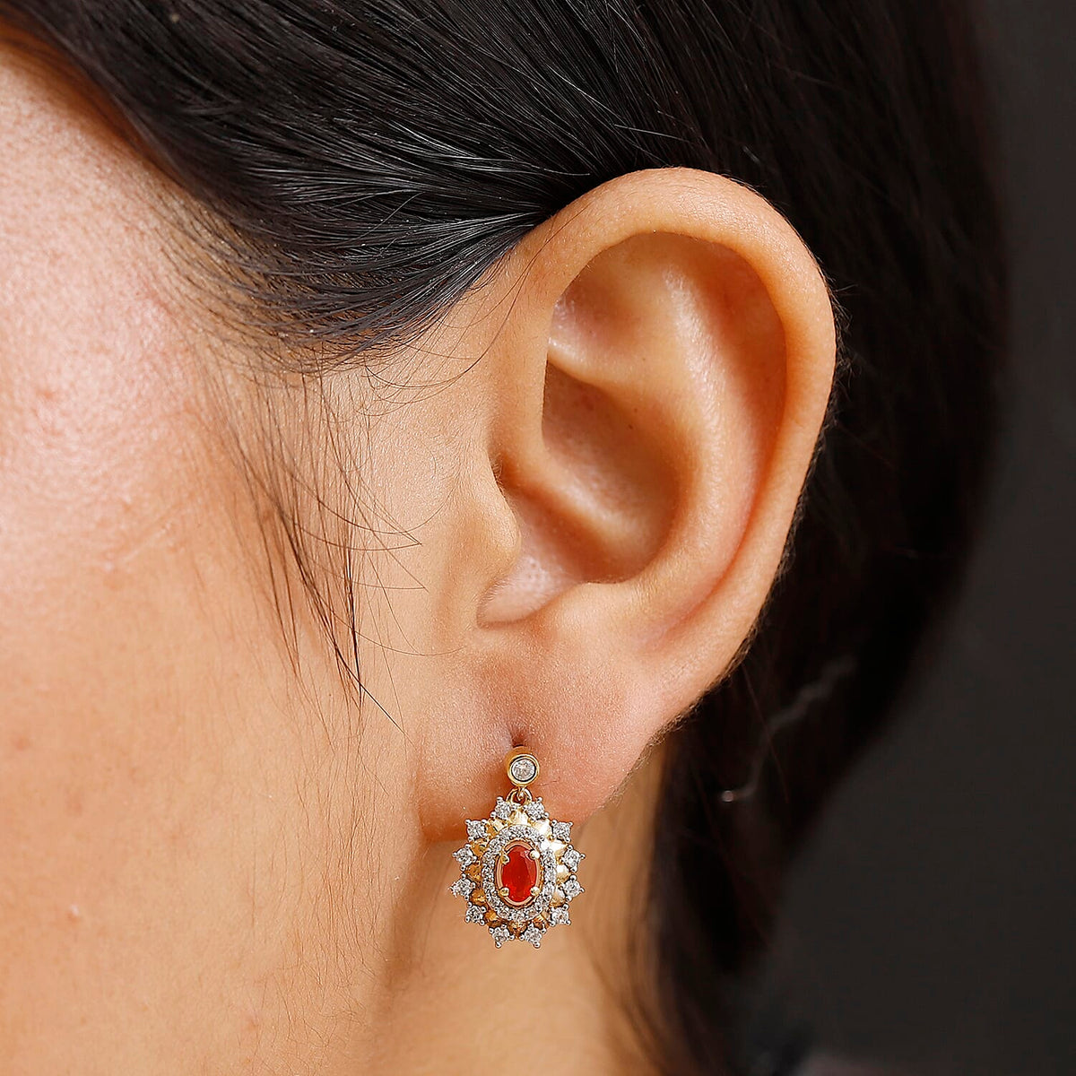 Natural Crimson Fire Opal and White Zircon Daisy Bloom Dangling Earring with Push Back in 18K Vermeil Yellow Gold Plated Sterling Silver 1.23 Ct. 8067976 3