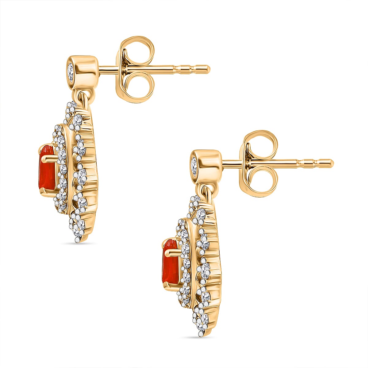 Natural Crimson Fire Opal and White Zircon Daisy Bloom Dangling Earring with Push Back in 18K Vermeil Yellow Gold Plated Sterling Silver 1.23 Ct. 8067976 4