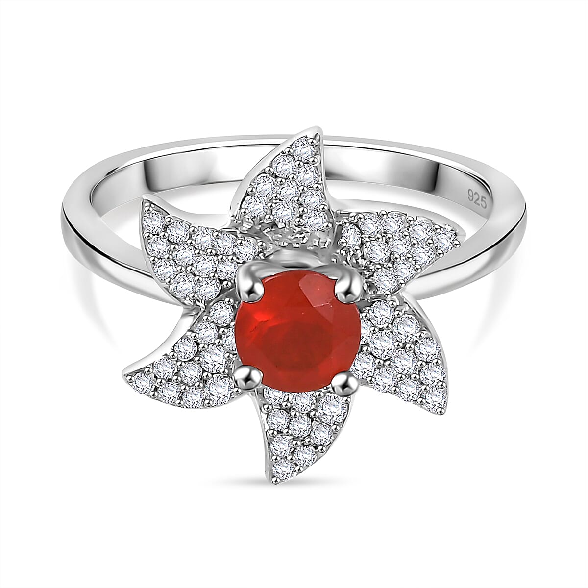 Crimson Fire Opal, White Zircon Star Ring in Rhodium Overlay Sterling Silver 7930432 0