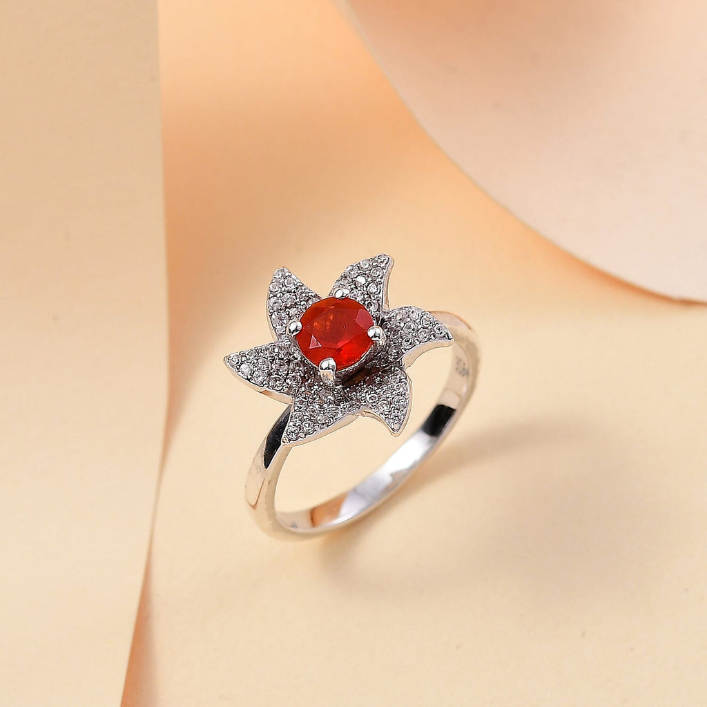 Salamanca Fire Opal & White Zircon Ring in Rhodium Overlay Sterling Silver 1.84 ct