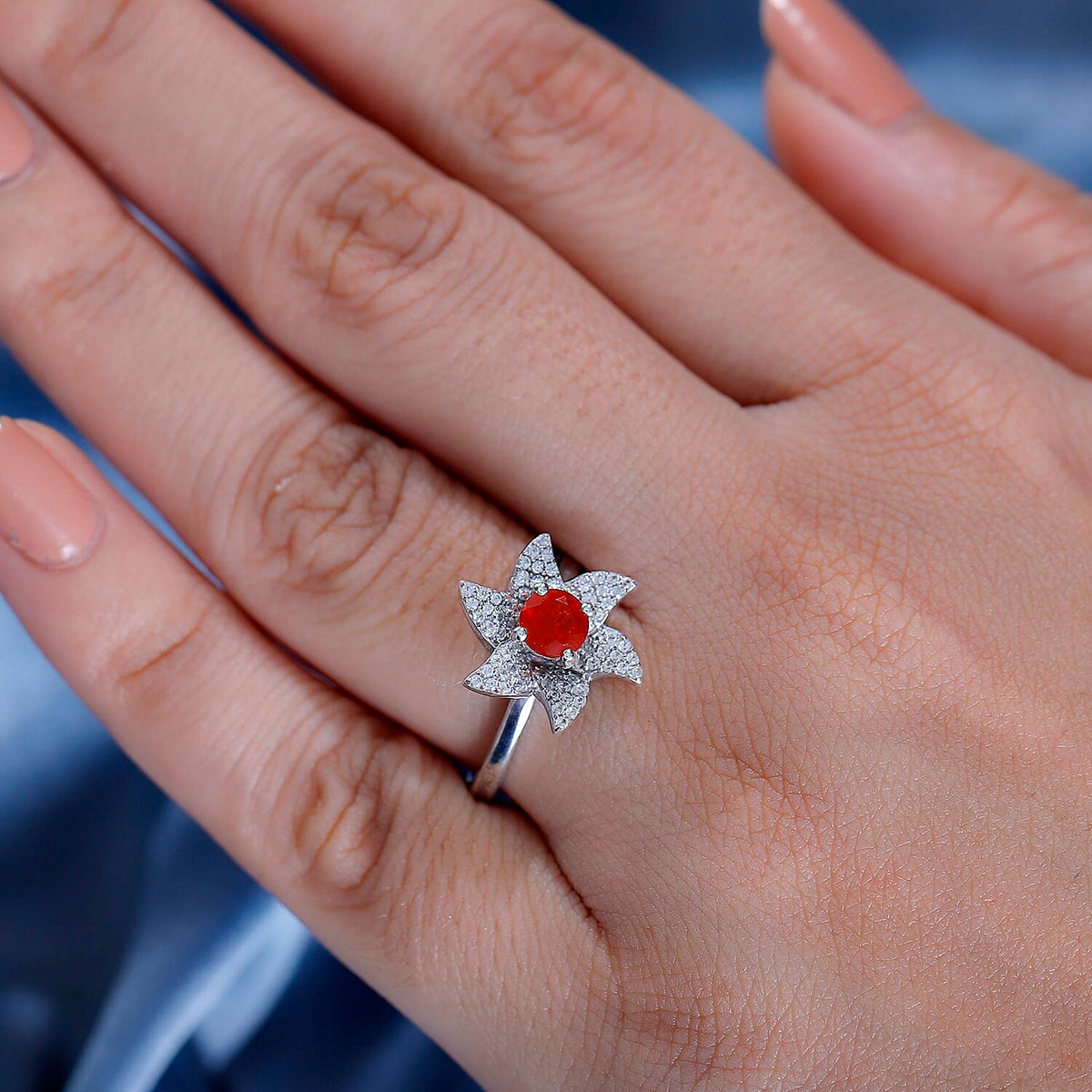 Crimson Fire Opal, White Zircon Star Ring in Rhodium Overlay Sterling Silver 7930432 2