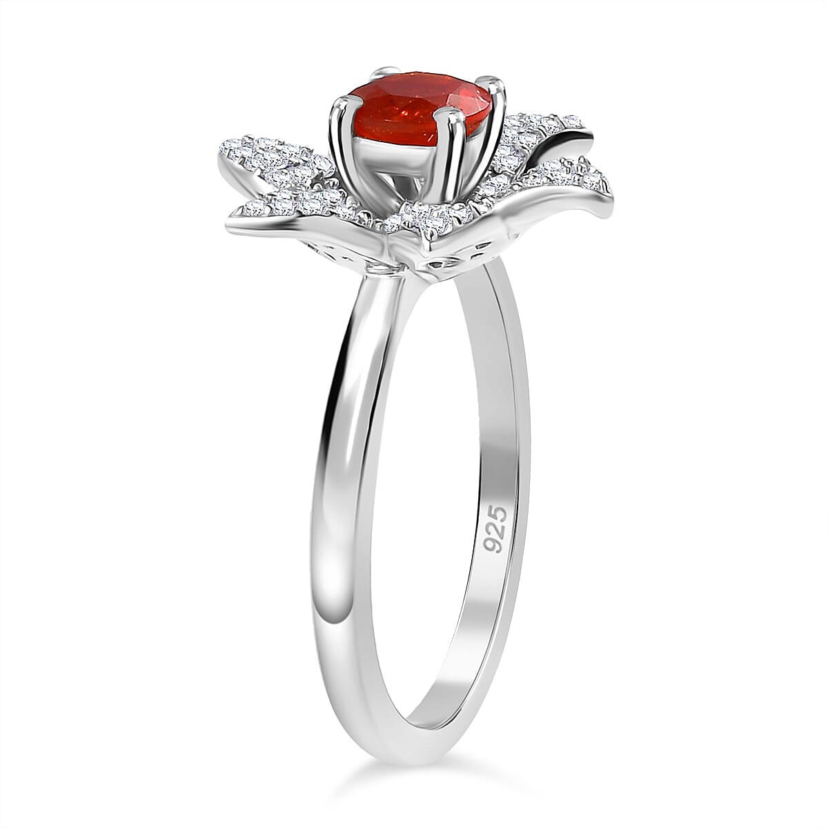 Crimson Fire Opal, White Zircon Star Ring in Rhodium Overlay Sterling Silver 7930432 3