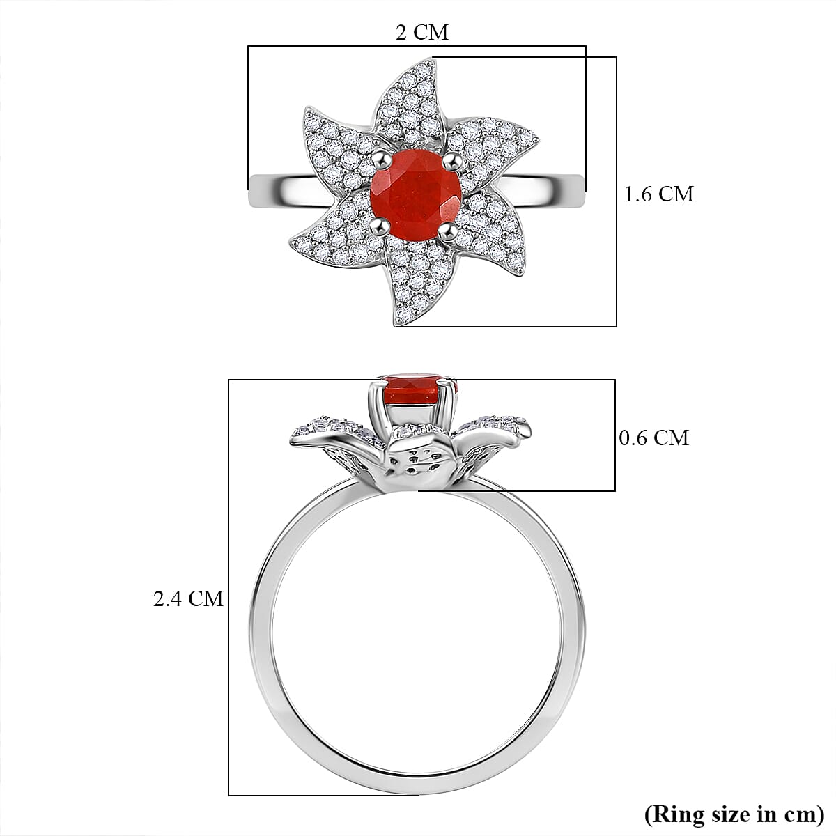 Crimson Fire Opal, White Zircon Star Ring in Rhodium Overlay Sterling Silver 7930432 5