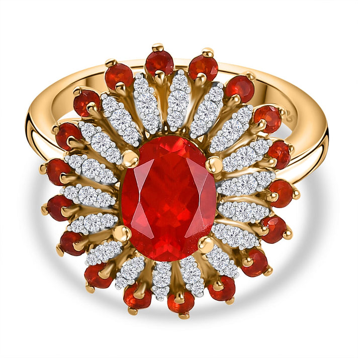 Crimson Fire Opal, White Zircon Floral Ring in 18K Yellow Gold Vermeil Plated Sterling Silver V32734273 1
