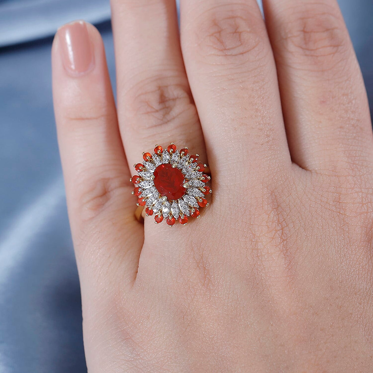 Crimson Fire Opal, White Zircon Floral Ring in 18K Yellow Gold Vermeil Plated Sterling Silver V32734273 3