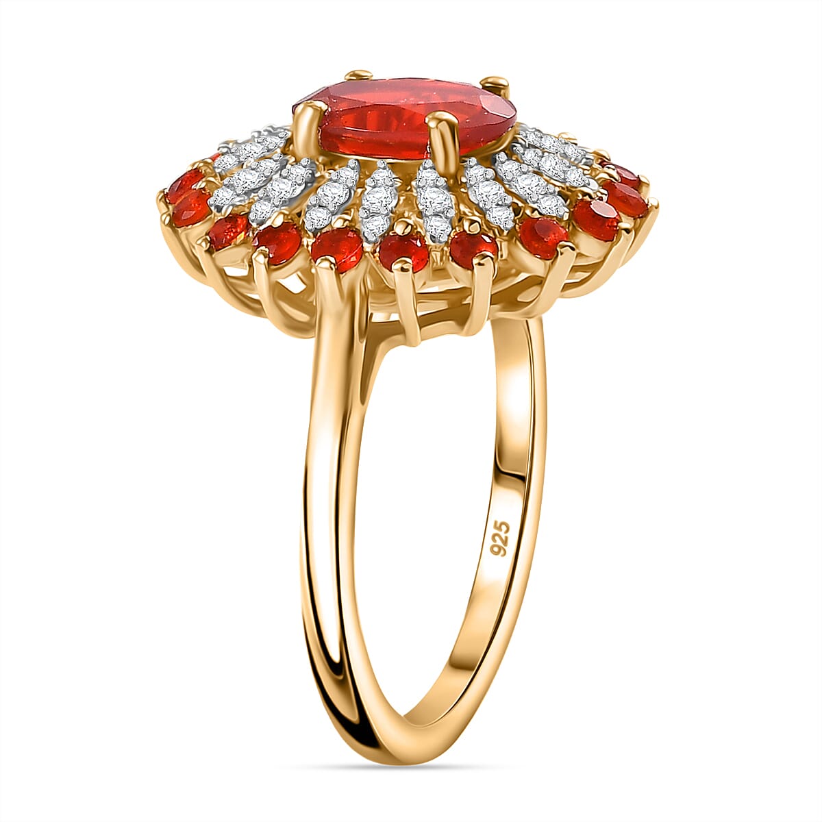 Crimson Fire Opal, White Zircon Floral Ring in 18K Yellow Gold Vermeil Plated Sterling Silver V32734273 4