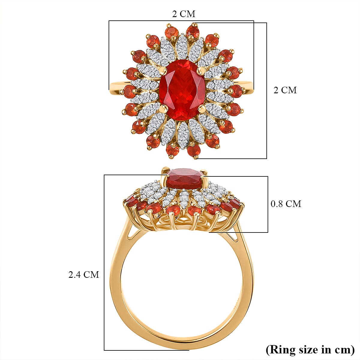 Crimson Fire Opal, White Zircon Floral Ring in 18K Yellow Gold Vermeil Plated Sterling Silver V32734273 6