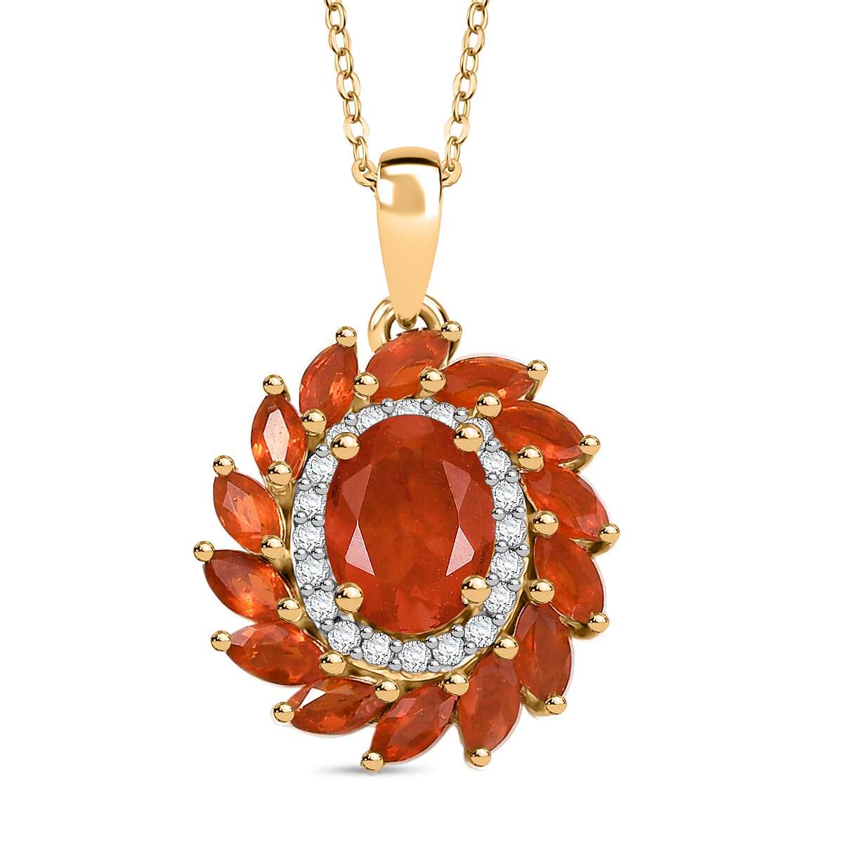 Crimson Fire Opal, White Zircon Halo Pendant with Chain (Size 20) in 18K Vermeil Yellow Gold Plated Sterling Silver 1.87 Ct. 4412532 0