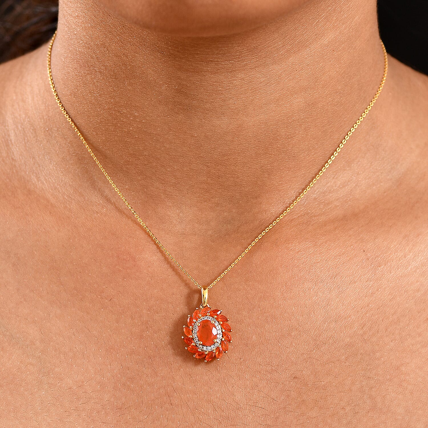 Crimson Fire Opal, White Zircon Halo Pendant with Chain (Size 20) in 18K Vermeil Yellow Gold Plated Sterling Silver 1.87 Ct. 4412532 1