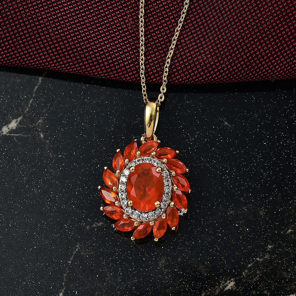 Crimson Fire Opal, White Zircon Halo Pendant with Chain (Size 20) in 18K Vermeil Yellow Gold Plated Sterling Silver 1.87 Ct. 4412532 2