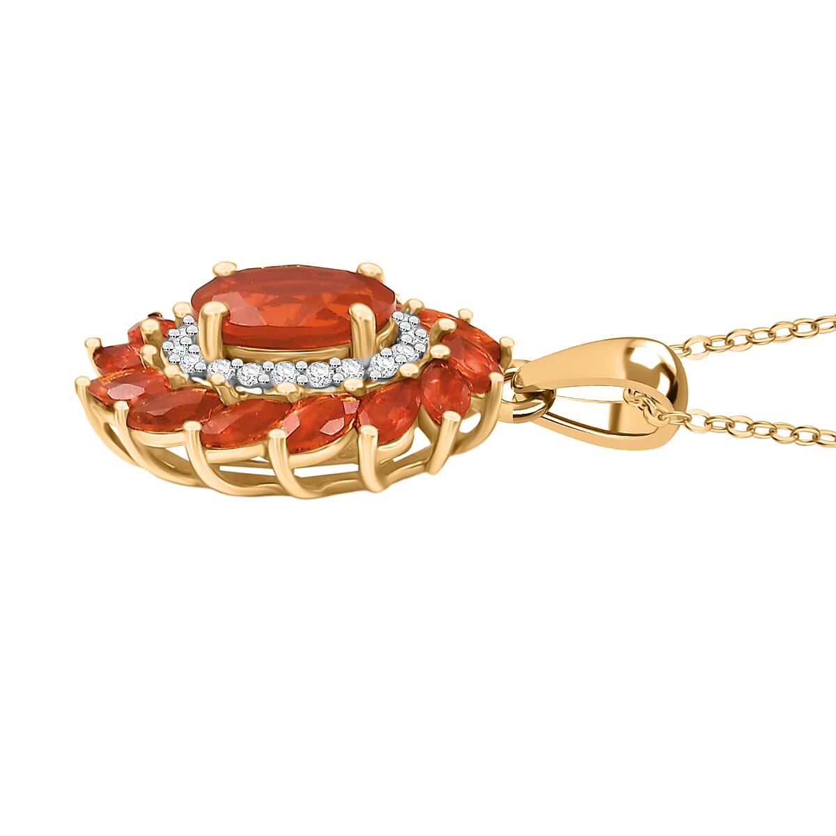 Crimson Fire Opal, White Zircon Halo Pendant with Chain (Size 20) in 18K Vermeil Yellow Gold Plated Sterling Silver 1.87 Ct. 4412532 3