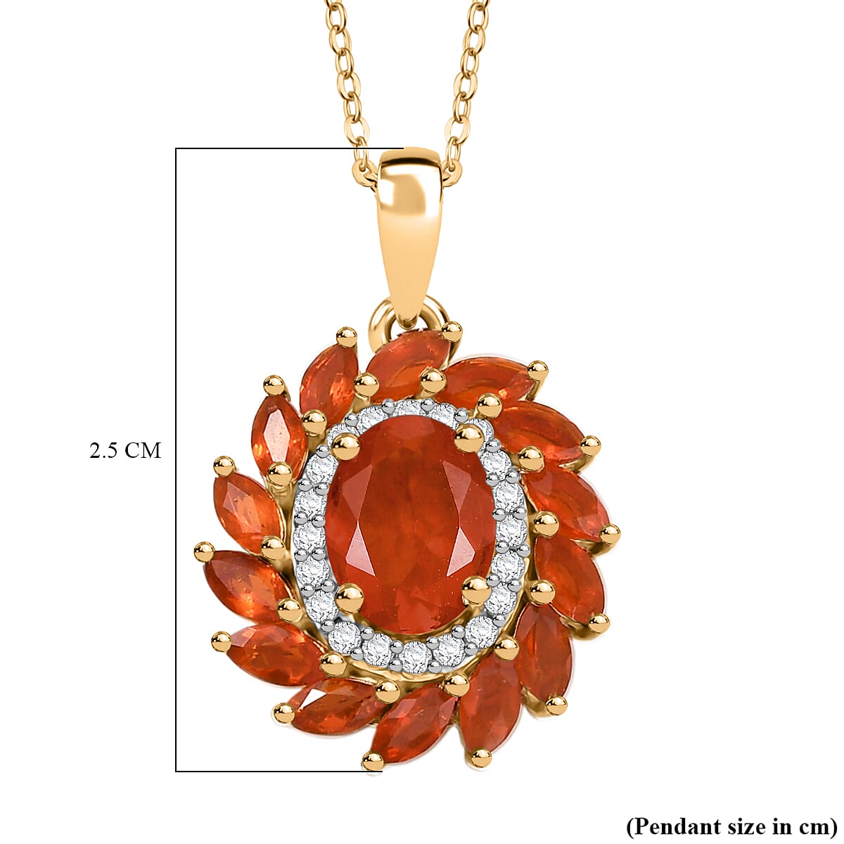 Crimson Fire Opal, White Zircon Halo Pendant with Chain (Size 20) in 18K Vermeil Yellow Gold Plated Sterling Silver 1.87 Ct. 4412532 5