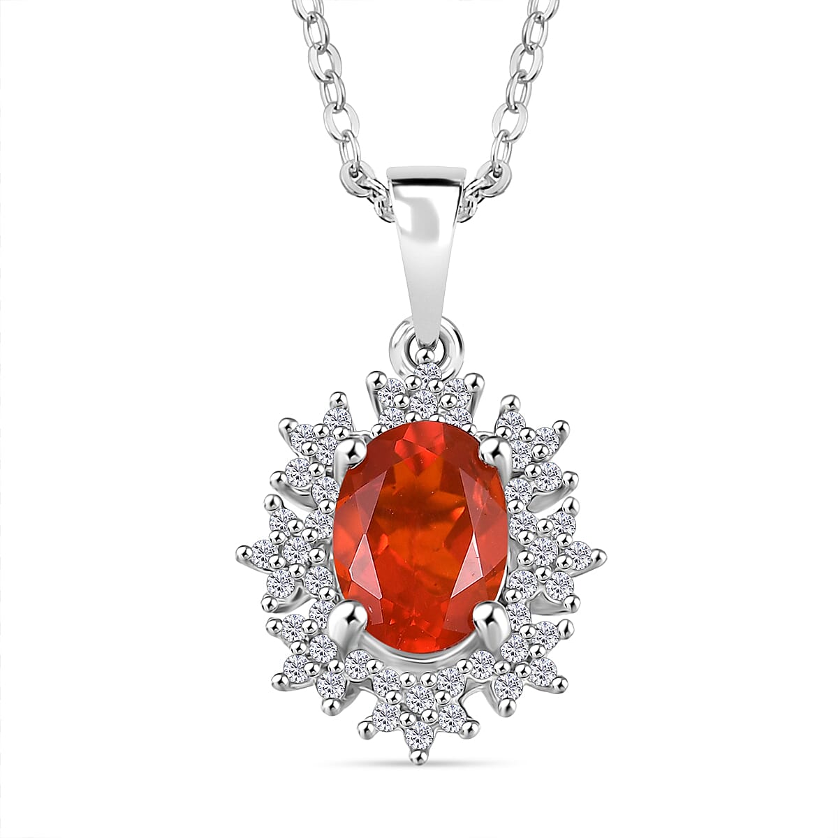 Crimson Fire Opal, White Zircon Halo Pendant with Chain (Size 20) in Rhodium Overlay Sterling Silver 4413511 0