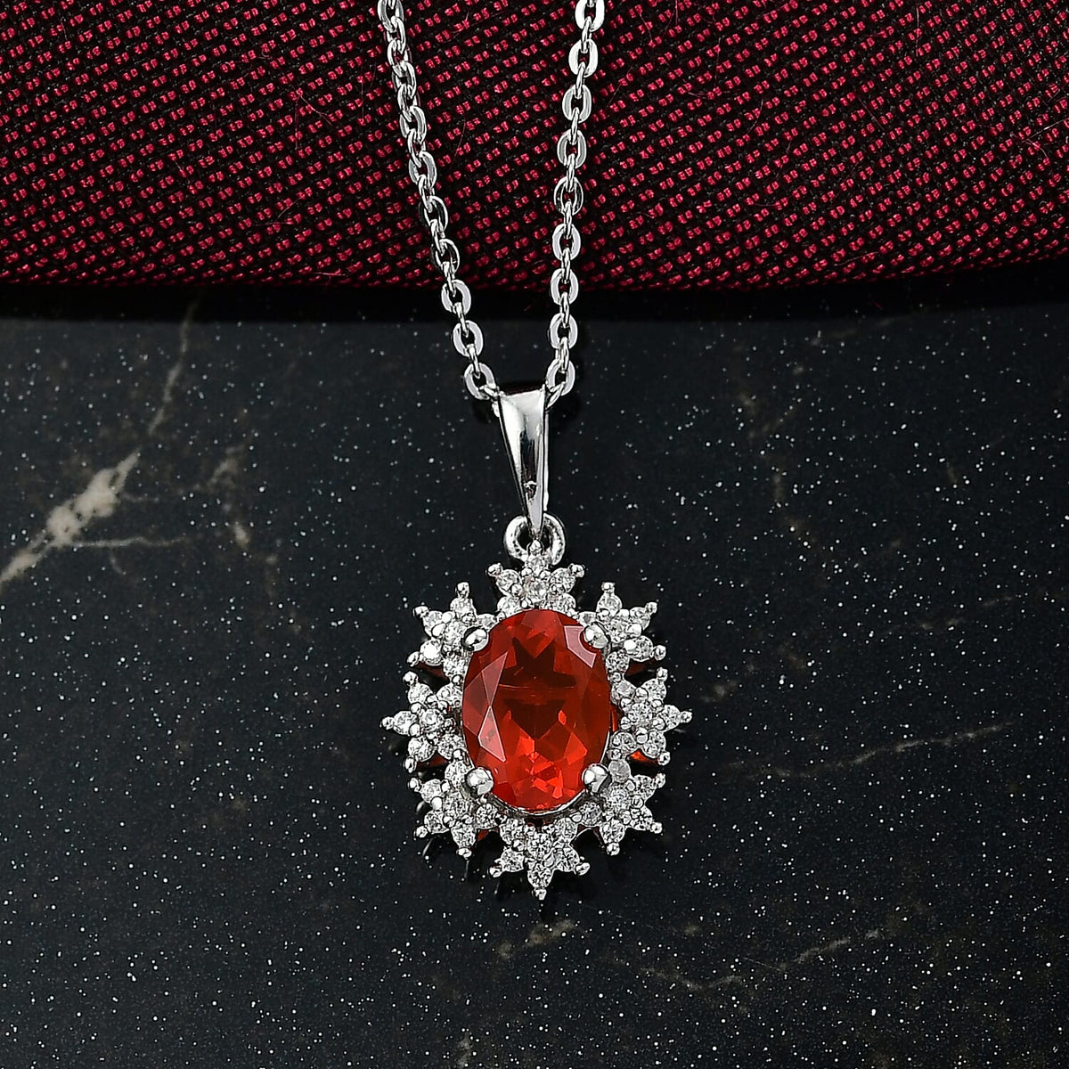 Crimson Fire Opal, White Zircon Halo Pendant with Chain (Size 20) in Rhodium Overlay Sterling Silver 4413511 2