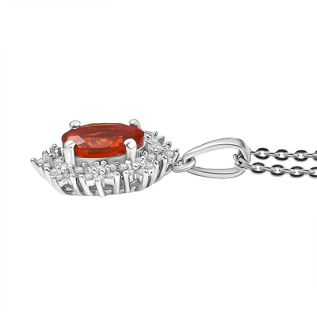 Crimson Fire Opal & White Zircon Pendant with Chain (Size 20) in Rhodium Overlay Sterling Silver