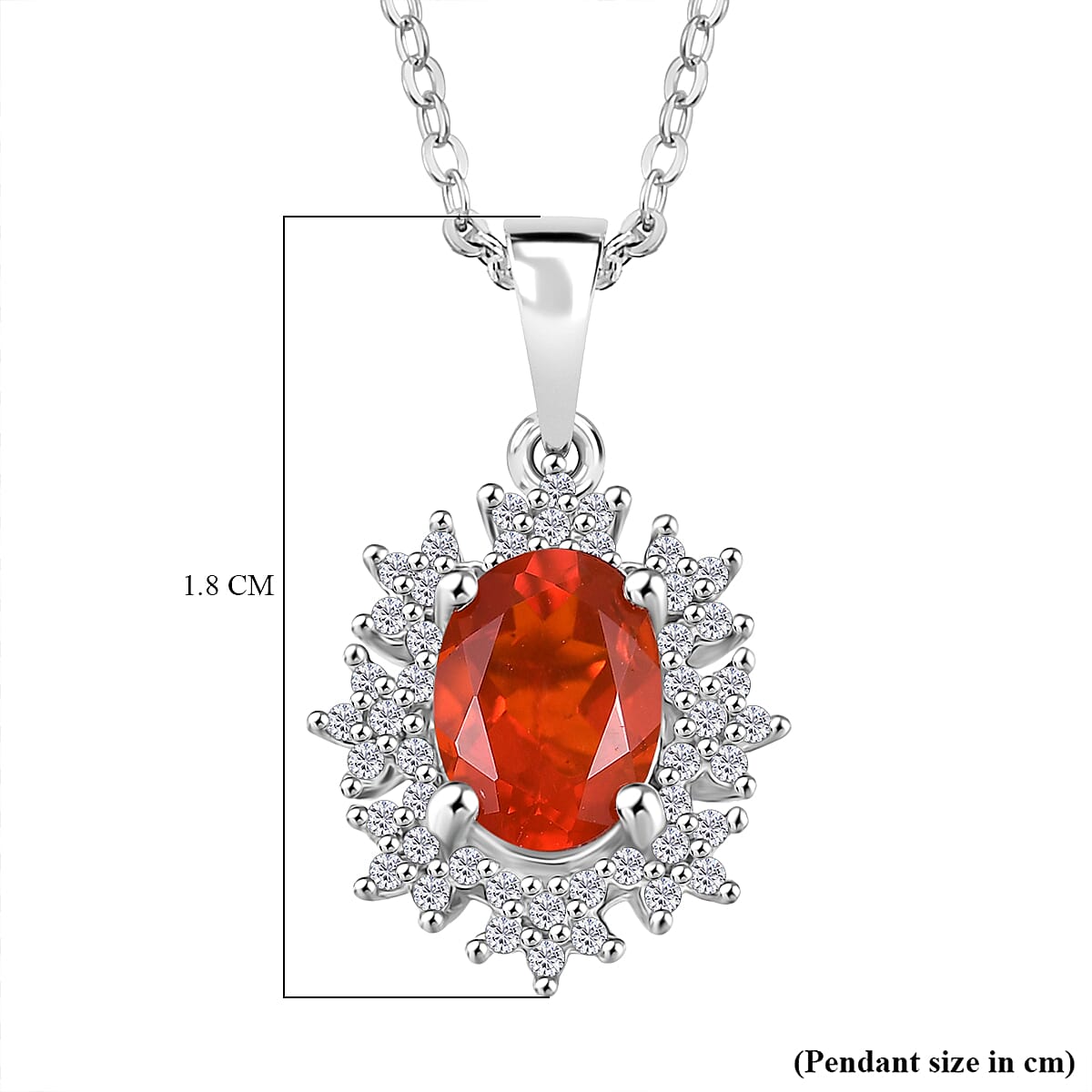 Crimson Fire Opal, White Zircon Halo Pendant with Chain (Size 20) in Rhodium Overlay Sterling Silver 4413511 6