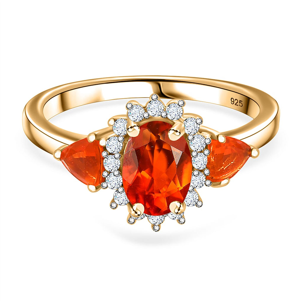 Crimson Fire Opal ,  White Zircon  Solitaire Ring in 18K YG Vermeil Sterling Silver 1.01 ct  0.932  Ct.