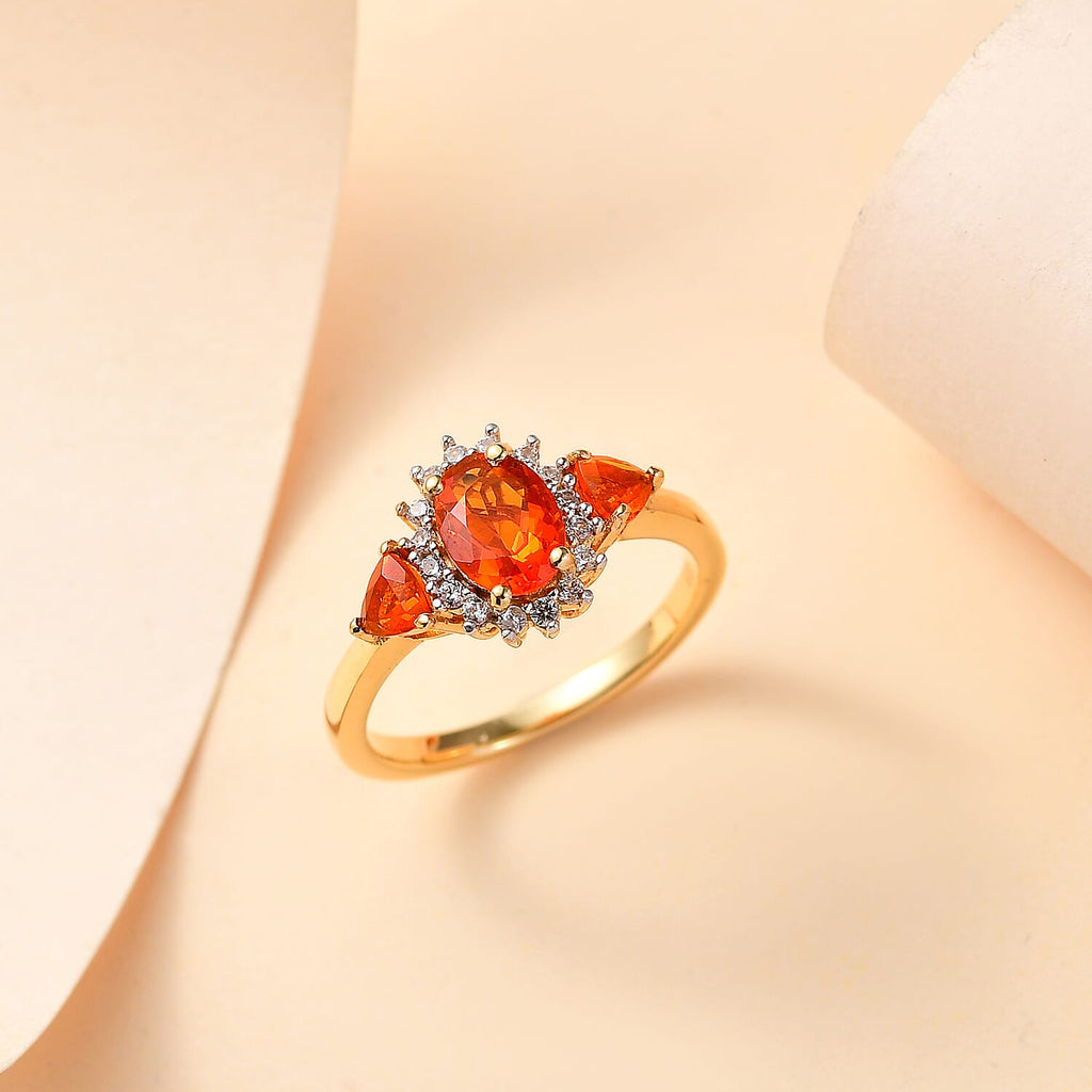 Crimson Fire Opal ,  White Zircon  Solitaire Ring in 18K YG Vermeil Sterling Silver 1.01 ct  0.932  Ct.