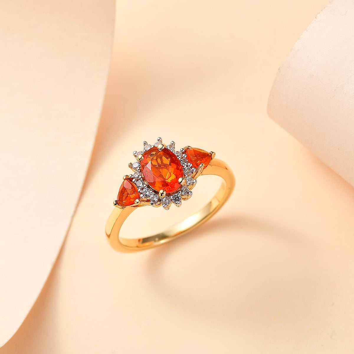Crimson Fire Opal, White Zircon Halo Ring in 18K Yellow Gold Vermeil Plated Sterling Silver 7829149 1