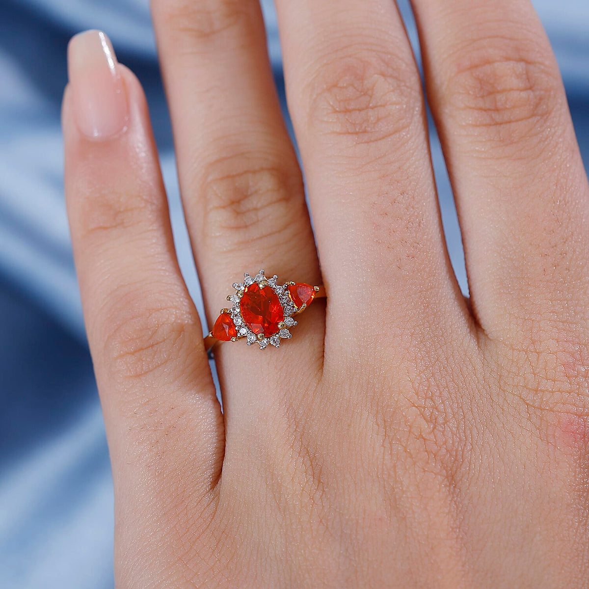 Crimson Fire Opal, White Zircon Halo Ring in 18K Yellow Gold Vermeil Plated Sterling Silver 7829149 2