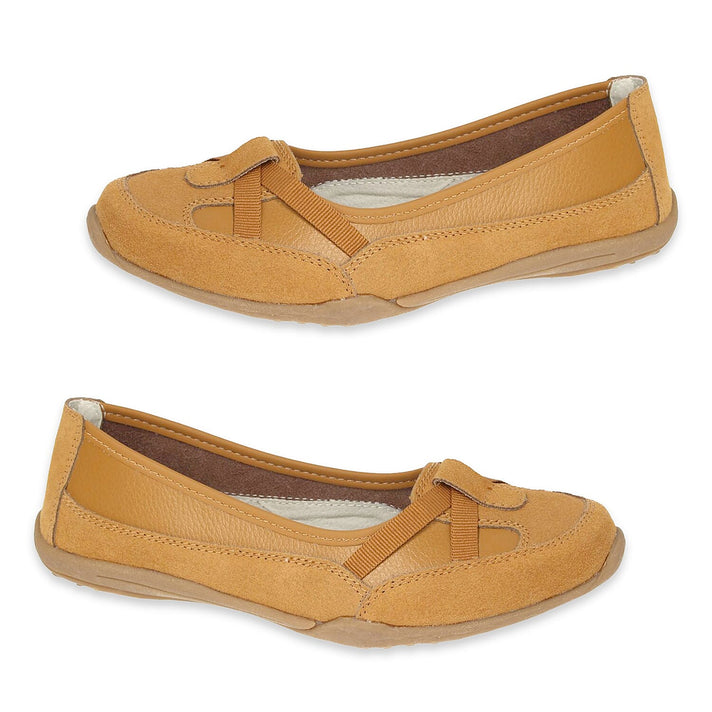Down To Earth Ladies Action Leather Ballerina Shoes With Criss-Cross Elasticated Vamp Straps (Size - 5) - Tan 8513059 1