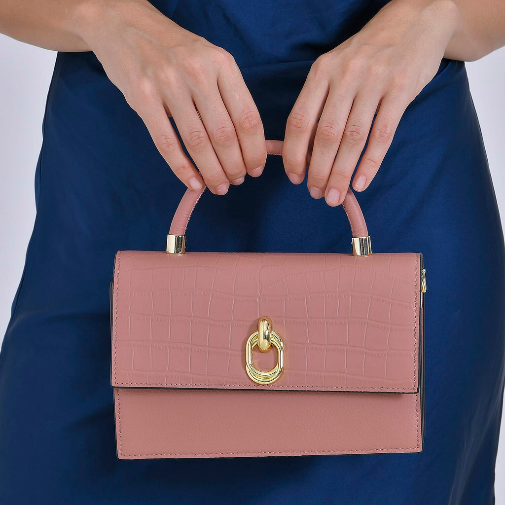 Designer Closeout - Genuine Leather Croc Embossed Crossbody Bag - Salmon