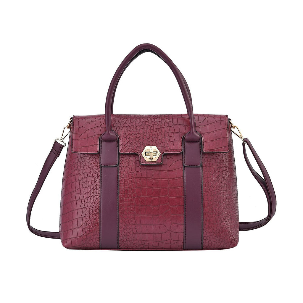 Croc Embossed Satchel Tote Bag with Shoulder Strap (Size 34x25x13 cm) - OX Blood