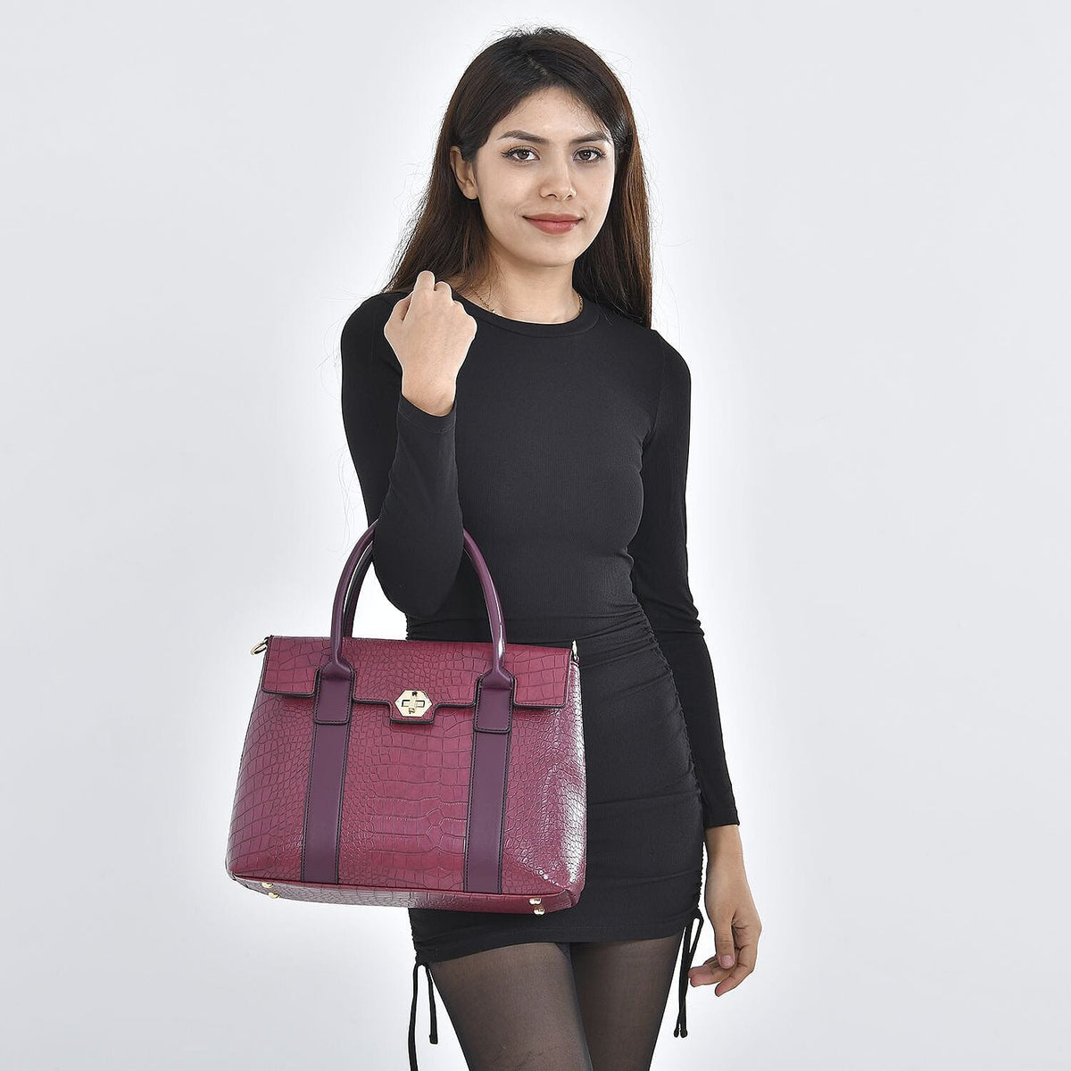 Croc Embossed Fully Lined Bag with Twist Lock and Detachable Long Strap - Ox Blood 7257423 2