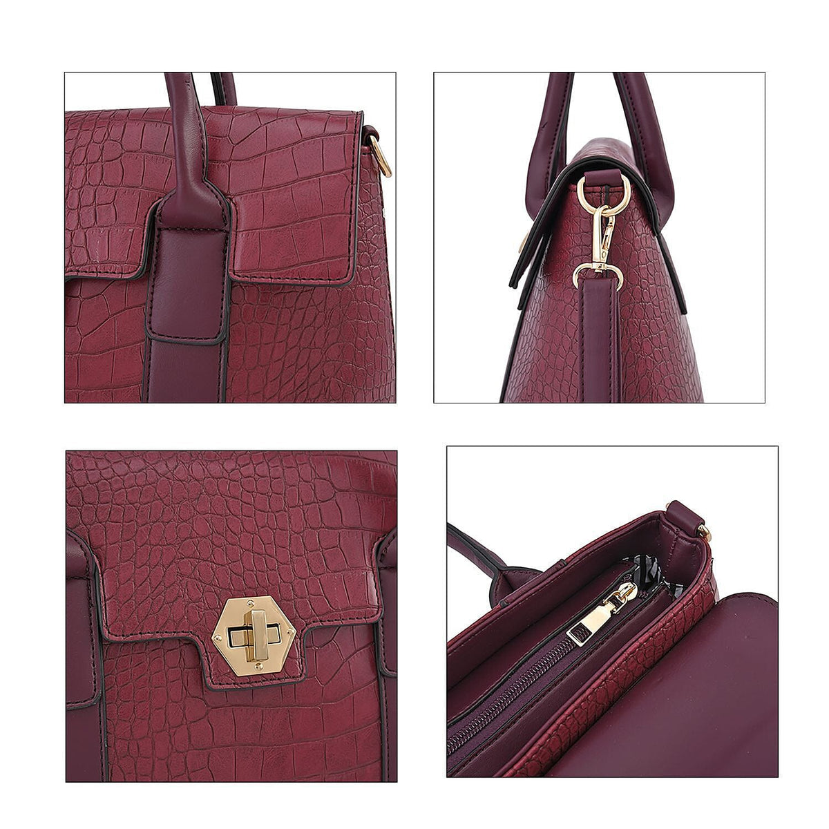 Croc Embossed Fully Lined Bag with Twist Lock and Detachable Long Strap - Ox Blood 7257423 5
