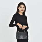 Crocodile Embossed Genuine Leather Bag (Size 25x18x9 Cm) - Black