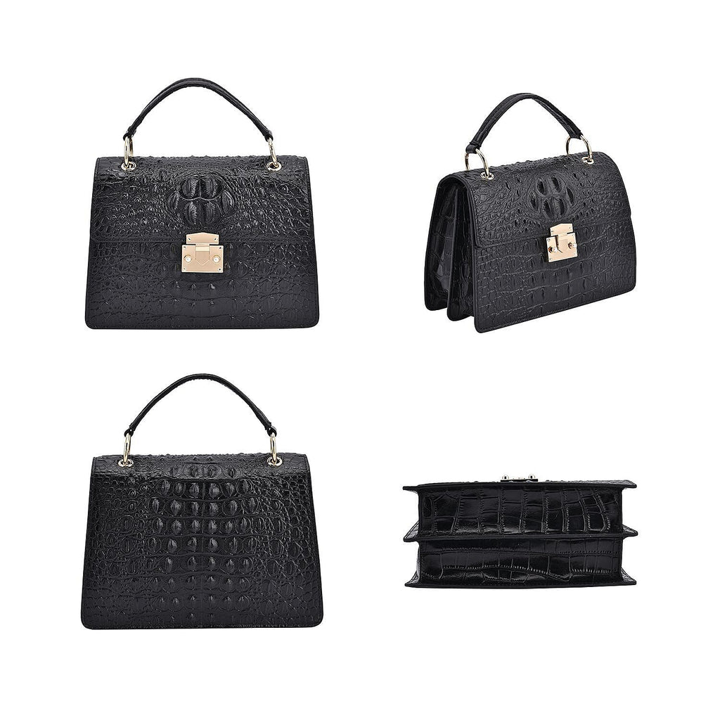 Crocodile Embossed Genuine Leather Bag (Size 25x18x9 Cm) - Black