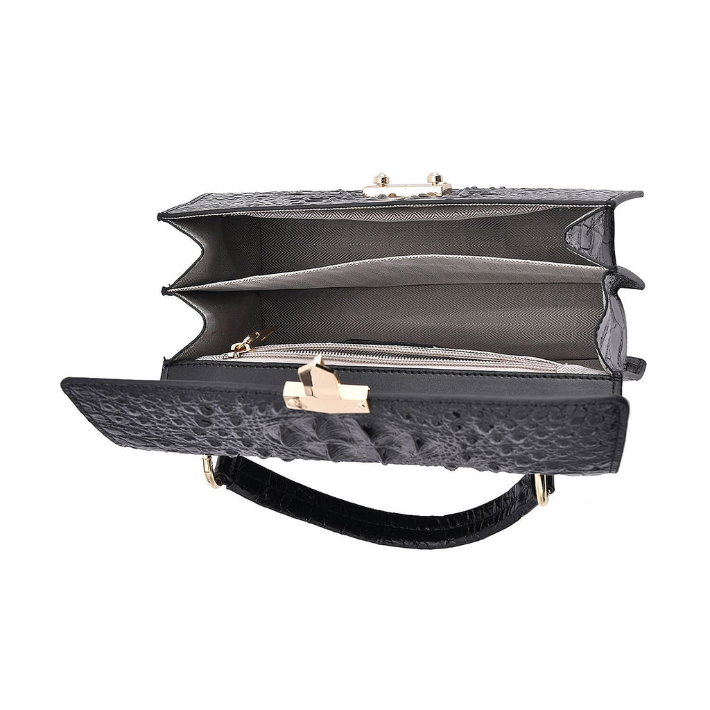 Crocodile Embossed Genuine Leather Bag (Size 25x18x9 Cm) - Black