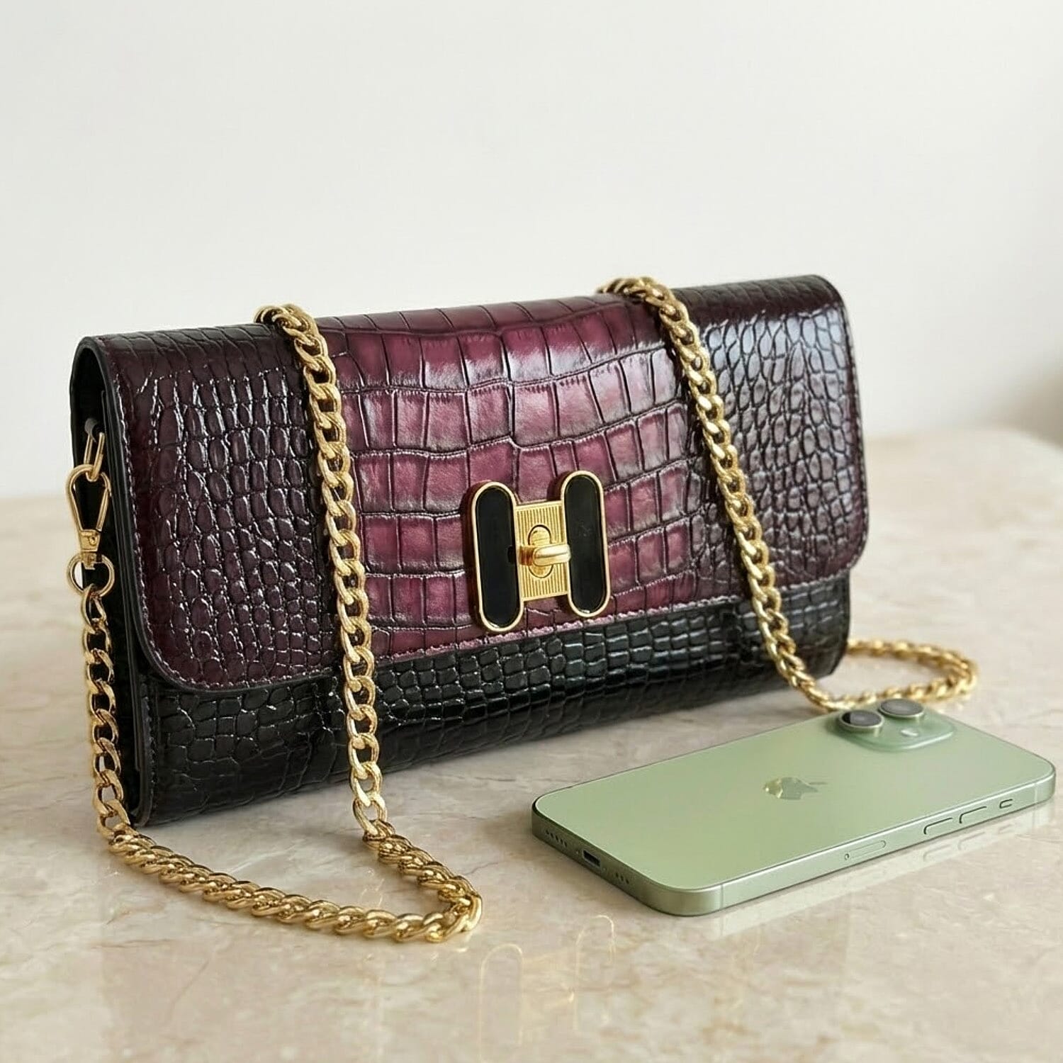 Crocodile Skin Embossed Pattern Two-Tone Wallet Crossbody Bag with Chain Strap V32360647 2