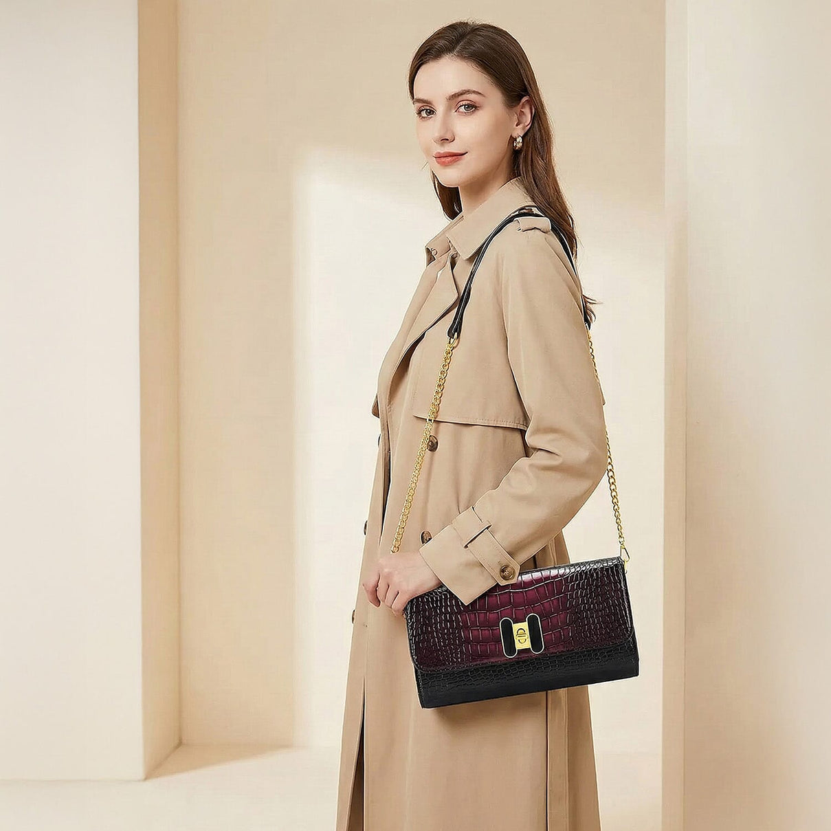 Crocodile Skin Embossed Pattern Two-Tone Wallet Crossbody Bag with Chain Strap V32360647 4