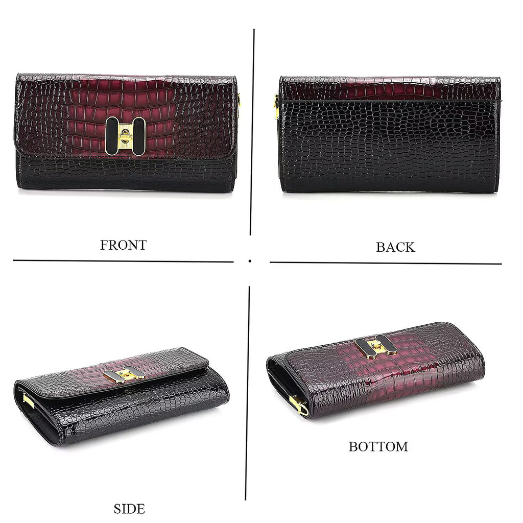Crocodile-Embossed Pattern Two-Tone Wallet Crossbody Bag with Chain Strap