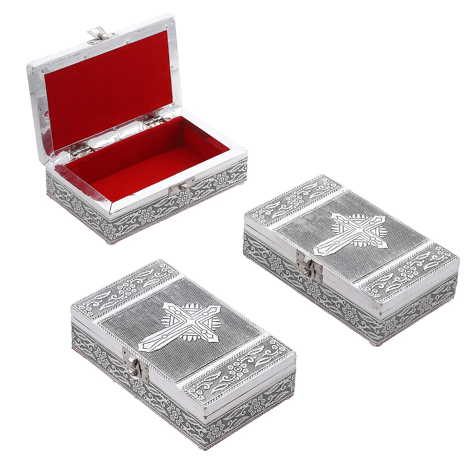 Set of 3 - Handcrafted Cross Embossed Vintage Storage Box 7699850 0