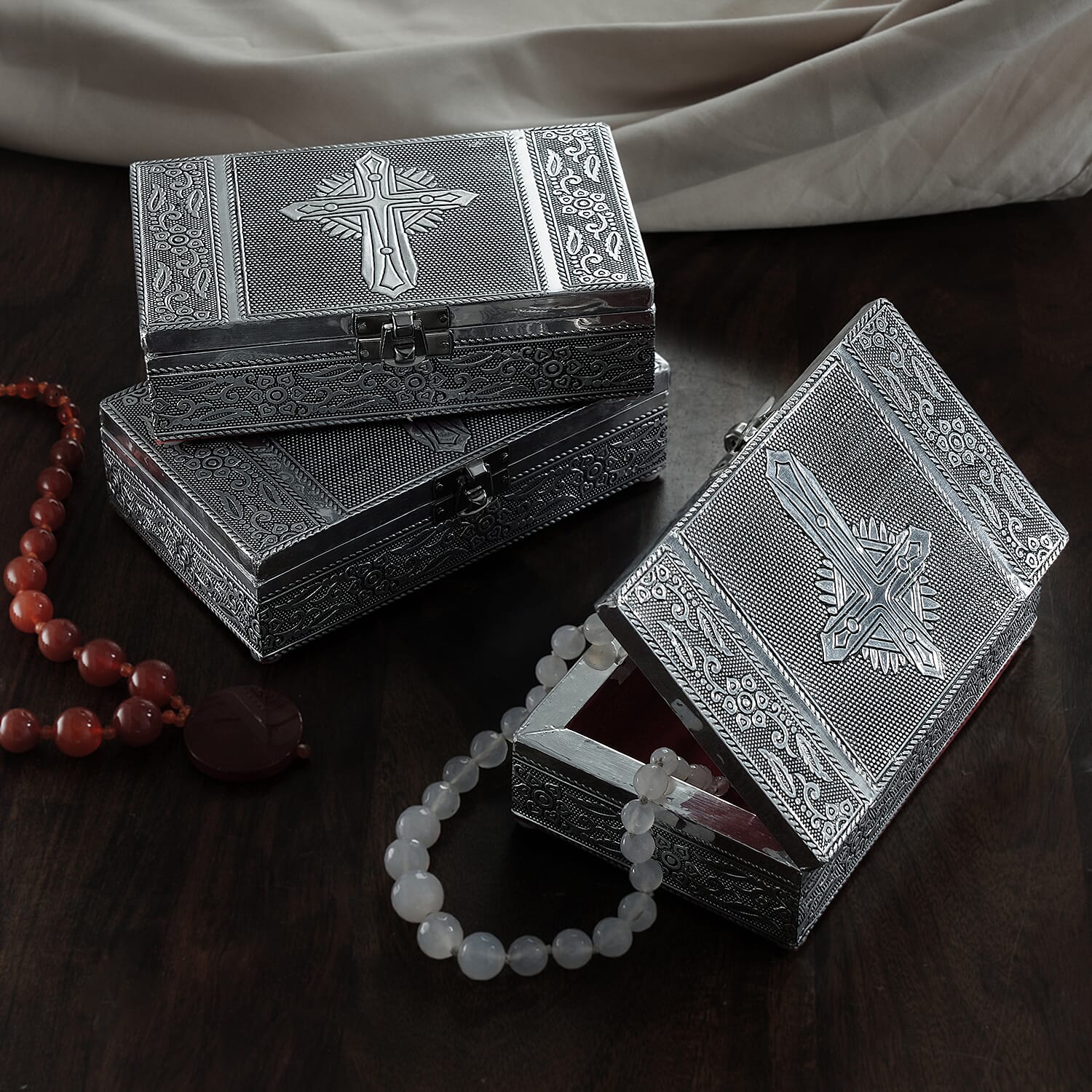 Set of 3 - Handcrafted Cross Embossed Vintage Storage Box 7699850 2