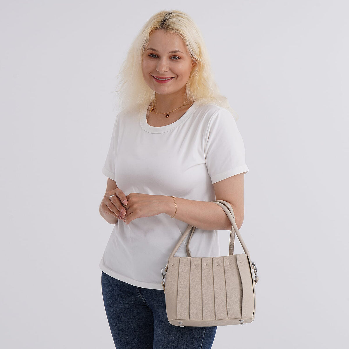 Crossbody Bag with Pleated Design &amp; Top Handle - Beige 8043361 3