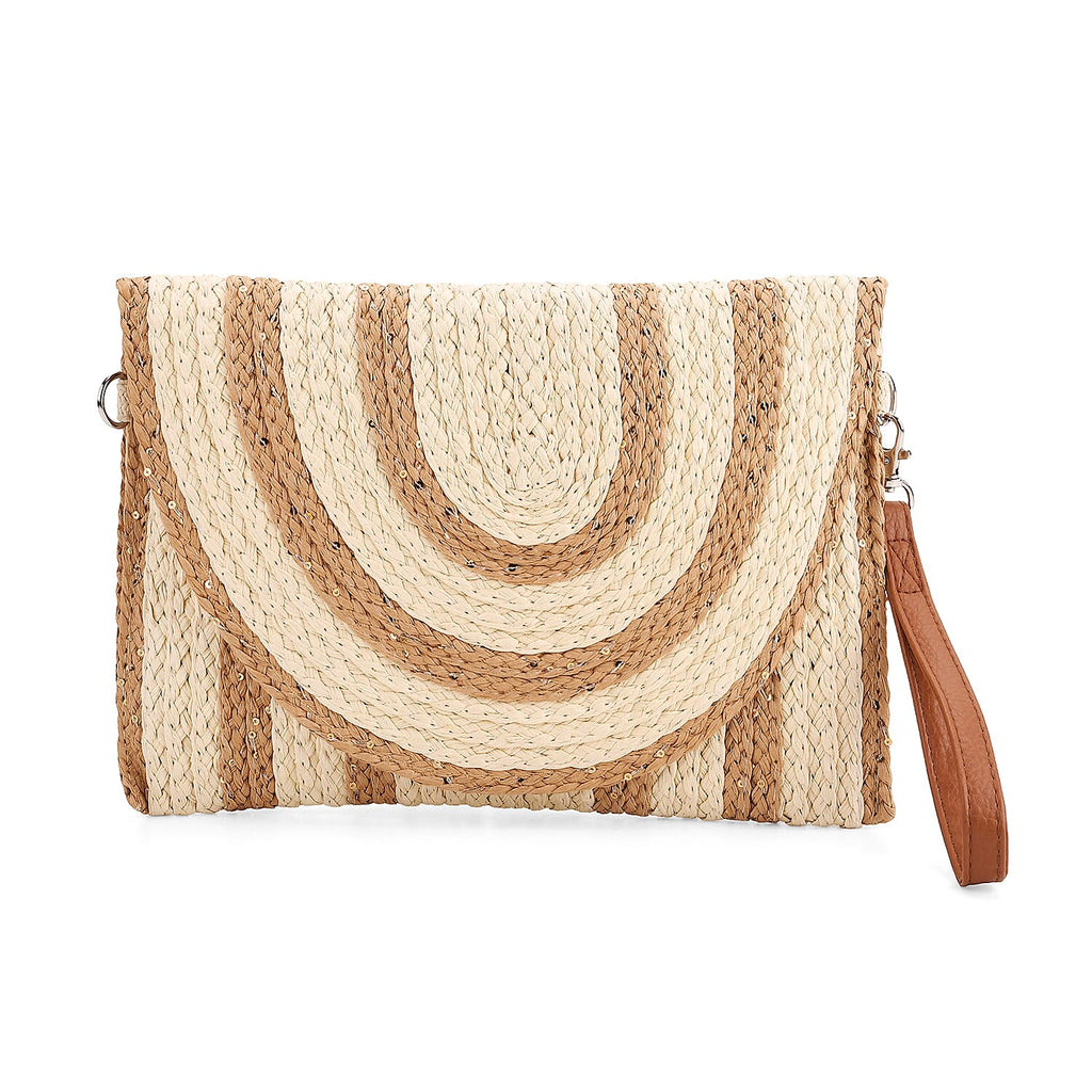 Bohemian Style Stripe Pattern Clutch with Long Adjustable Strap - Beige & Khaki