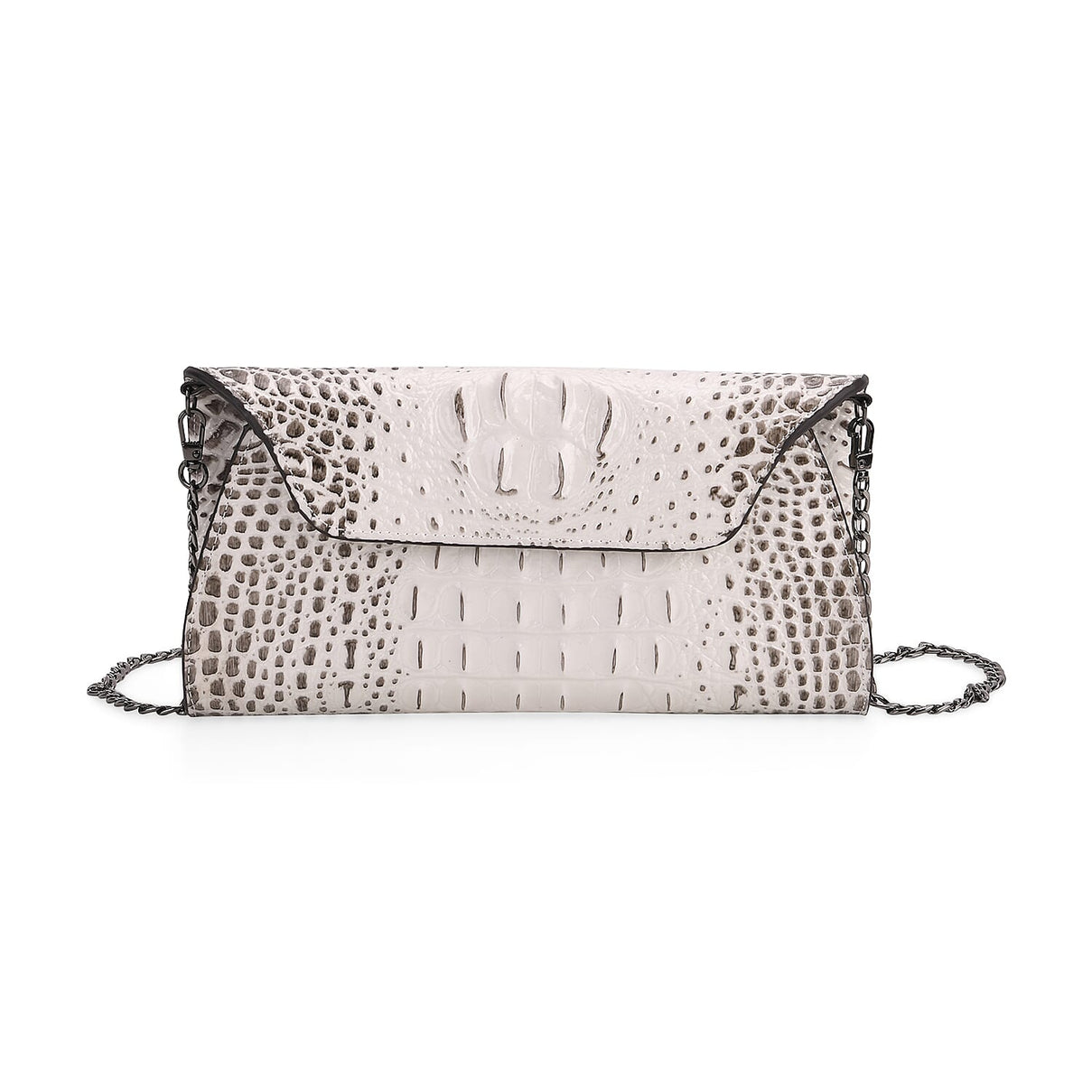 Designer Inspired - Embossed Genuine Leather Shoulder Bag with Long Chain - White &amp; Beige 8069873 0