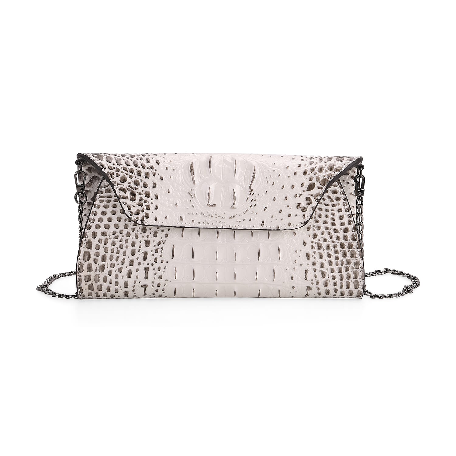 Designer Inspired - Embossed Genuine Leather Shoulder Bag with Long Chain - White &amp; Beige 8069873 0