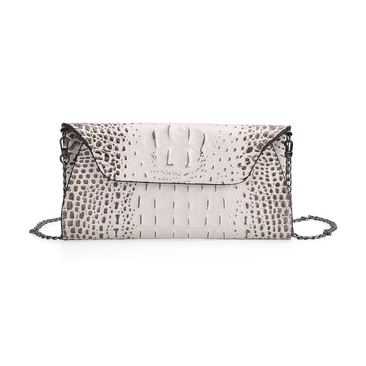 Designer Inspired - Embossed Genuine Leather Shoulder Bag with Long Chain - White &amp; Beige 8069873 1
