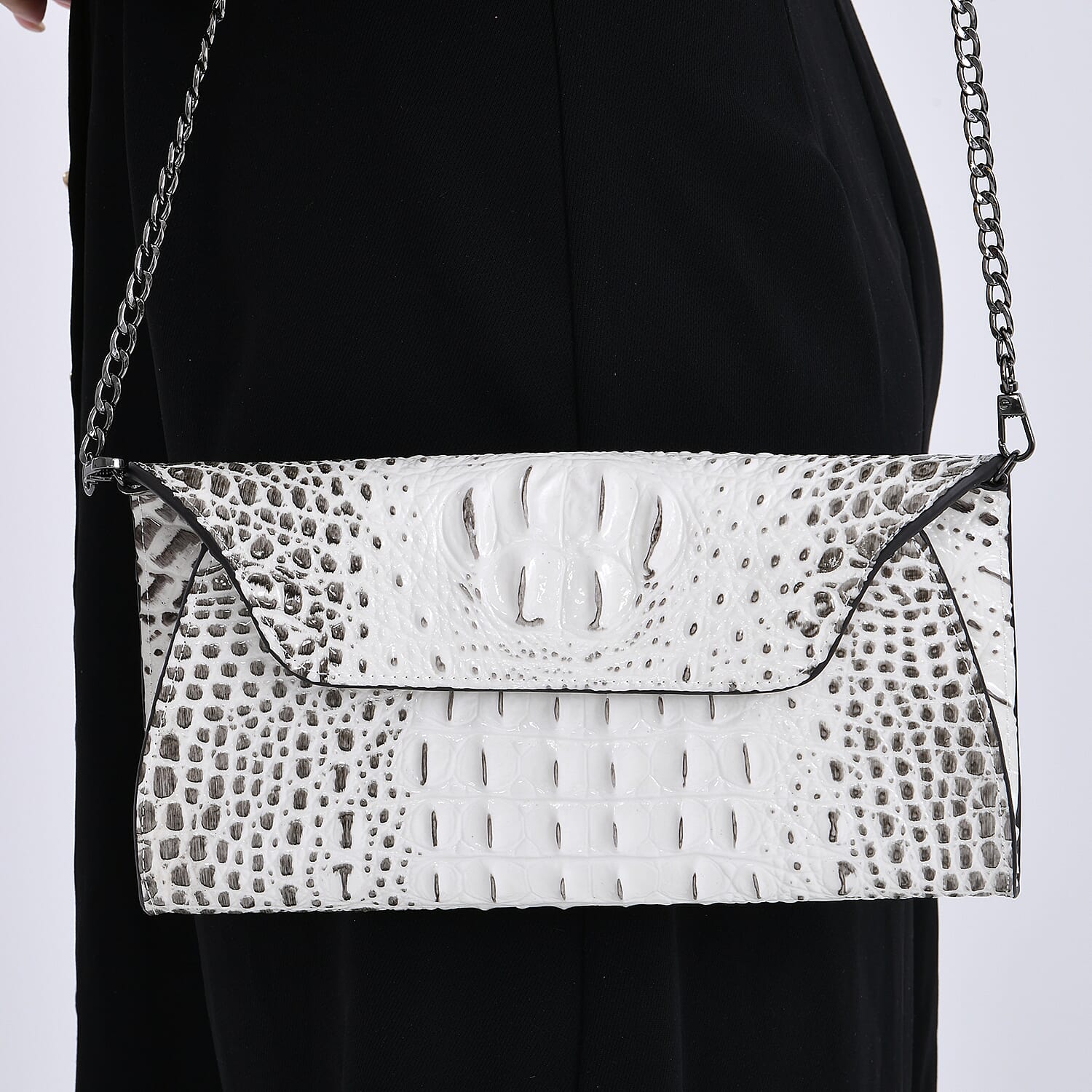 Designer Inspired - Embossed Genuine Leather Shoulder Bag with Long Chain - White &amp; Beige 8069873 3