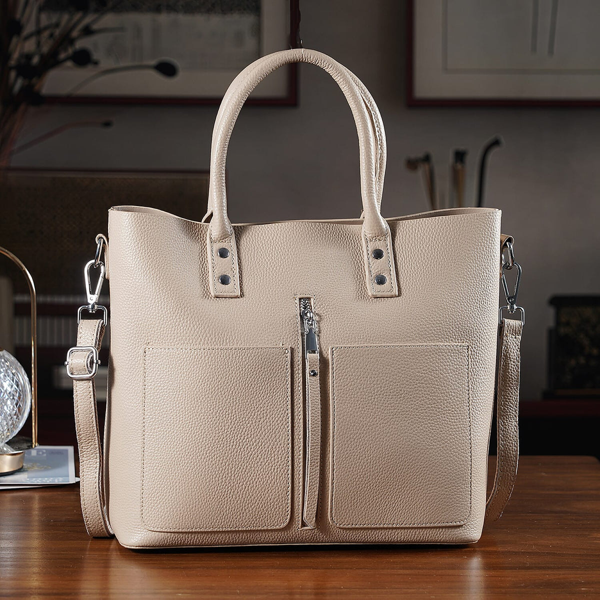 Genuine Leather Tote Bag - Beige 8228495 2