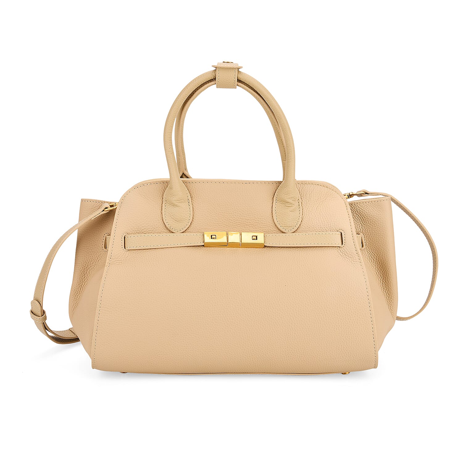 Genuine Leather Structured Top Handle Handbag with Gold Clasp &amp; Shoulder Strap - Beige V32529209 0