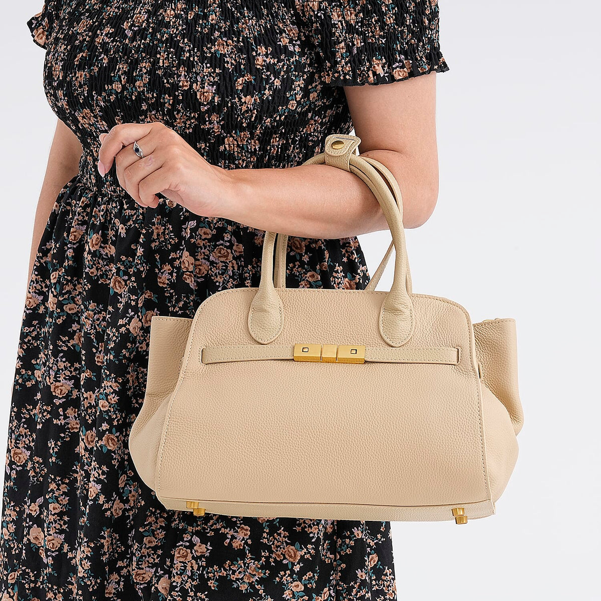 Genuine Leather Structured Top Handle Handbag with Gold Clasp &amp; Shoulder Strap - Beige V32529209 3