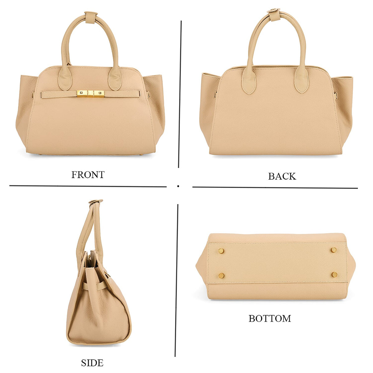 Genuine Leather Structured Top Handle Handbag with Gold Clasp &amp; Shoulder Strap - Beige V32529209 4