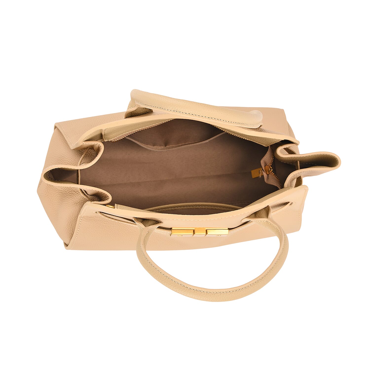 Genuine Leather Structured Top Handle Handbag with Gold Clasp &amp; Shoulder Strap - Beige V32529209 5