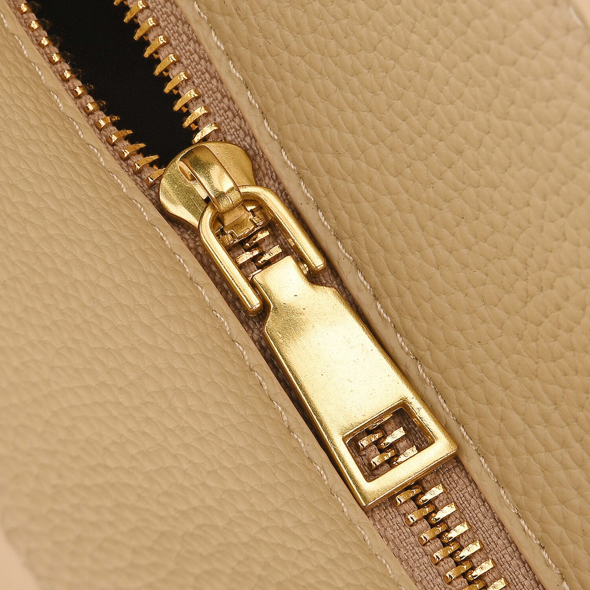 Genuine Leather Structured Top Handle Handbag with Gold Clasp &amp; Shoulder Strap - Beige V32529209 6