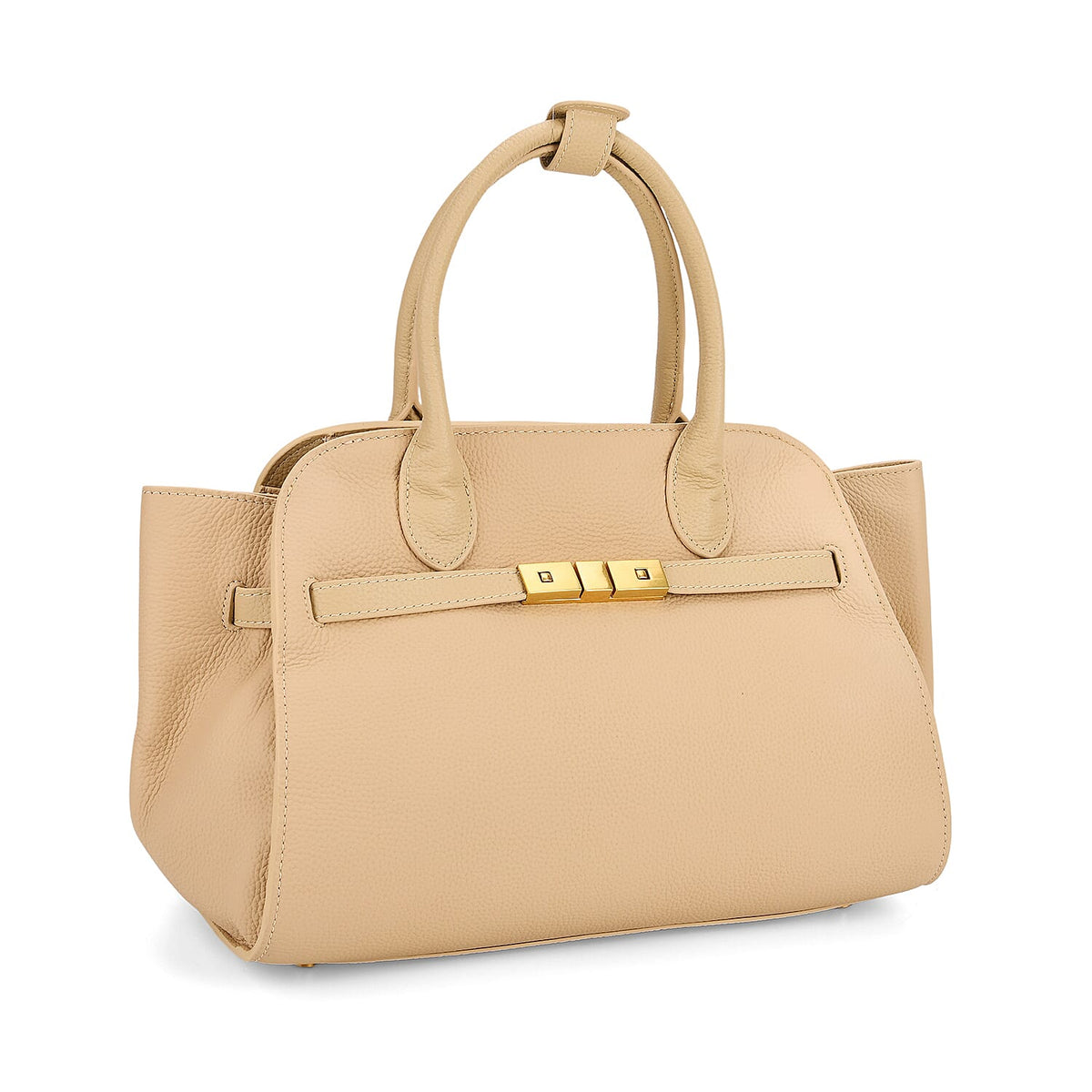 Genuine Leather Structured Top Handle Handbag with Gold Clasp &amp; Shoulder Strap - Beige V32529209 7